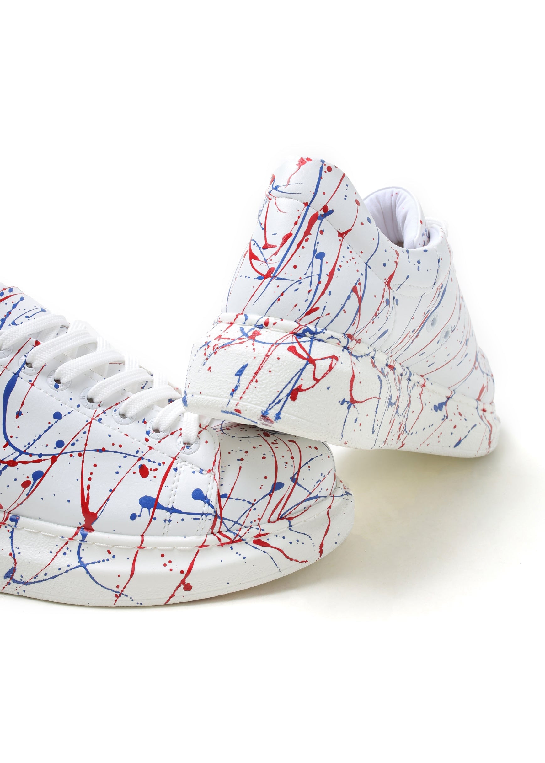 Porto Vibe red and blue splatter sneaker by Apollo Moda, third angle